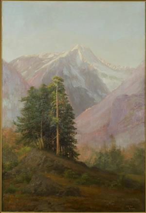 The painting depicts a mountainous scene. The foreground consists of a small cluster of evergreen trees on a rocky hillside. Behind are steep slopes in overlapping planes that flank a tall snow-capped peak. Above is blue sky.
